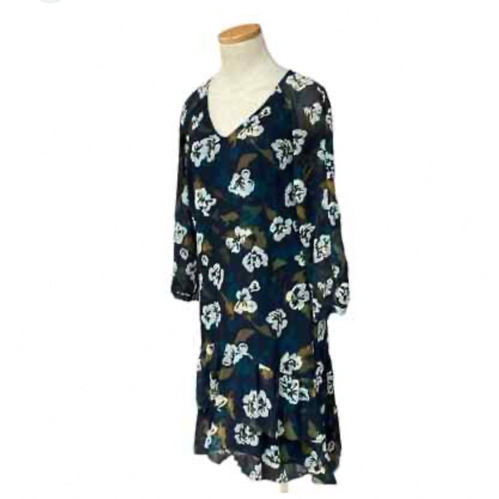 Cabi Womens Floral V-Neck Ruffle Hem Shift Dress‎ Navy Teal Large Long Sleeve